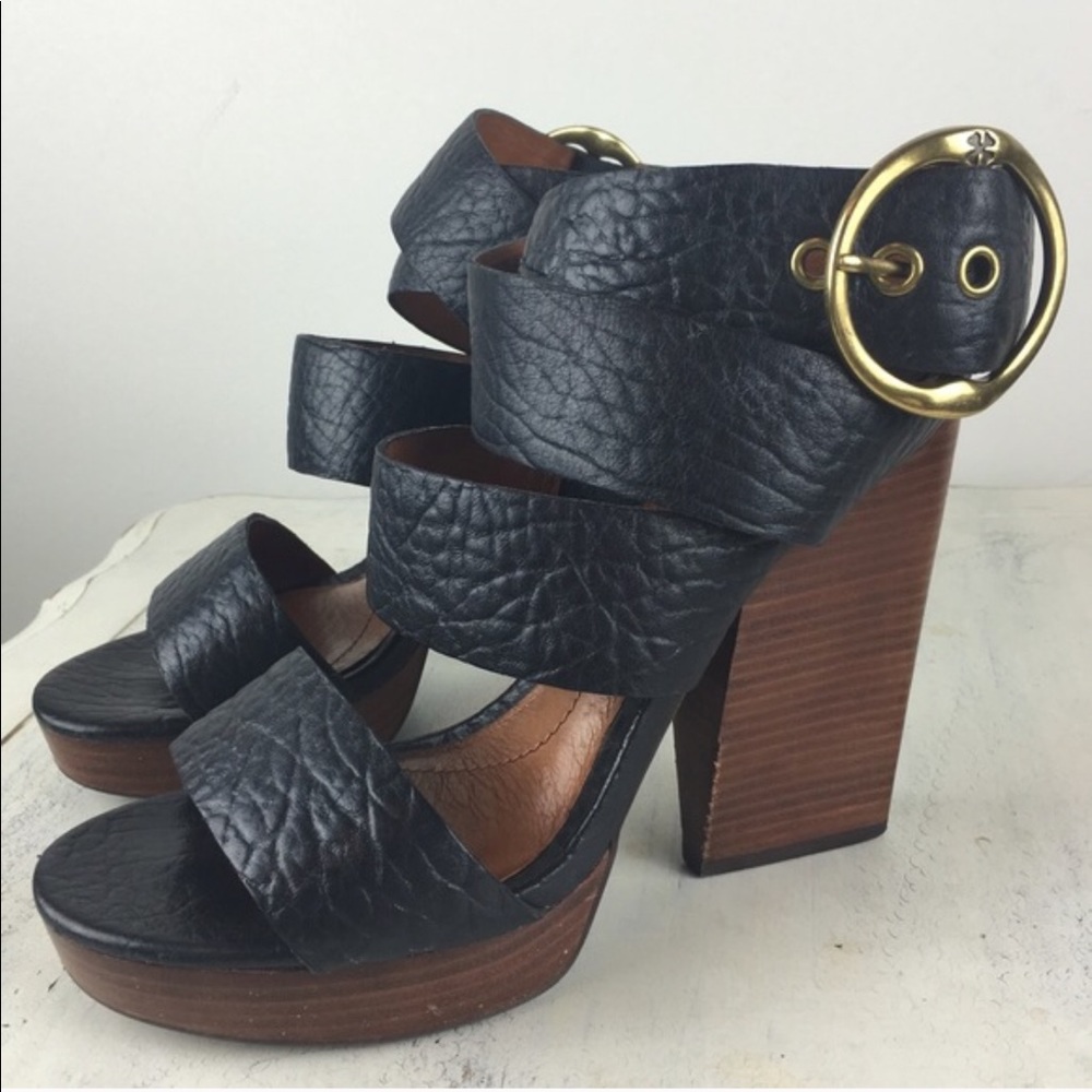 Lucky brand black strapped stacked heels